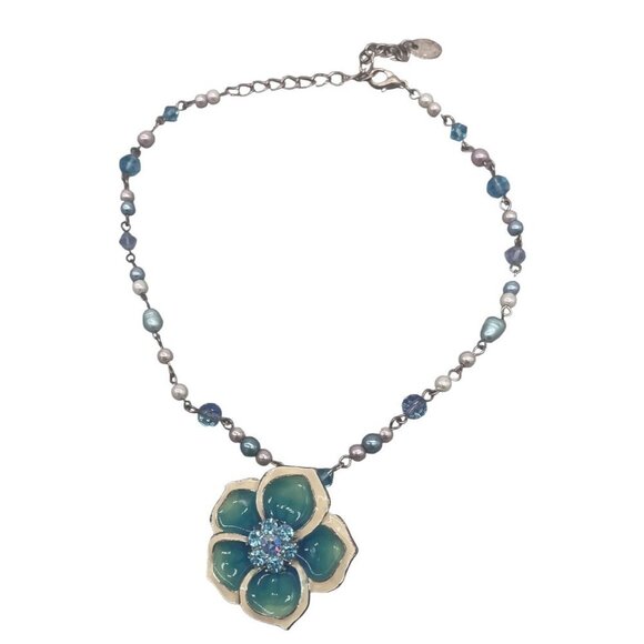 Large Floral Rhinestone Enamel Pendant Multicolor Faux Pearl Necklace 13 to 16 - Picture 1 of 6